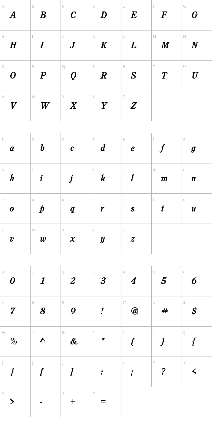 Character Map Cushing Bold Italic Font