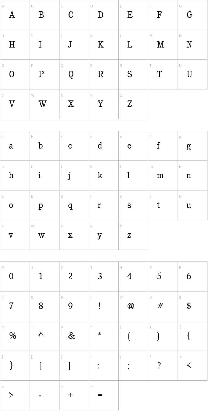 Character Map Cushing Regular Font