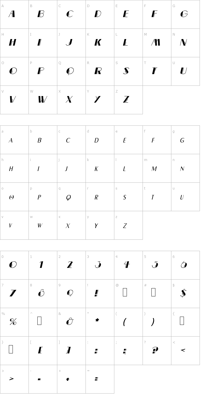 Character Map Dalith Oblique Font