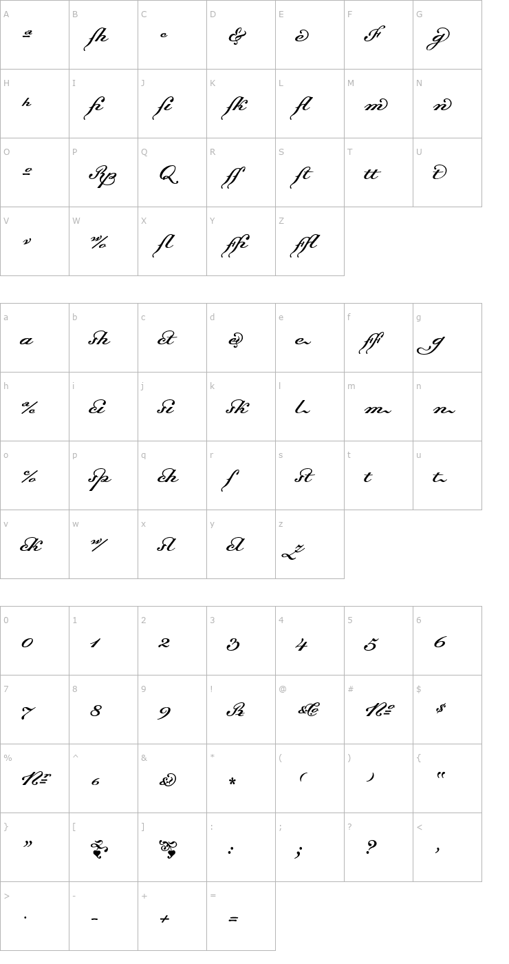 Character Map Dalliance Script Ligatures Font