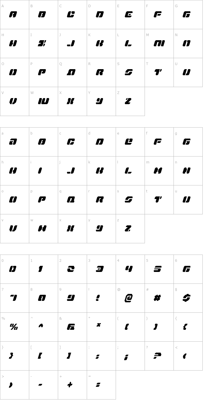 Character Map Dan Stargate Condensed Italic Font