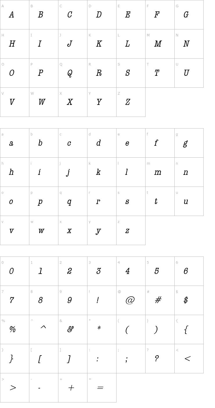 Character Map DatelineCondensed Italic Font