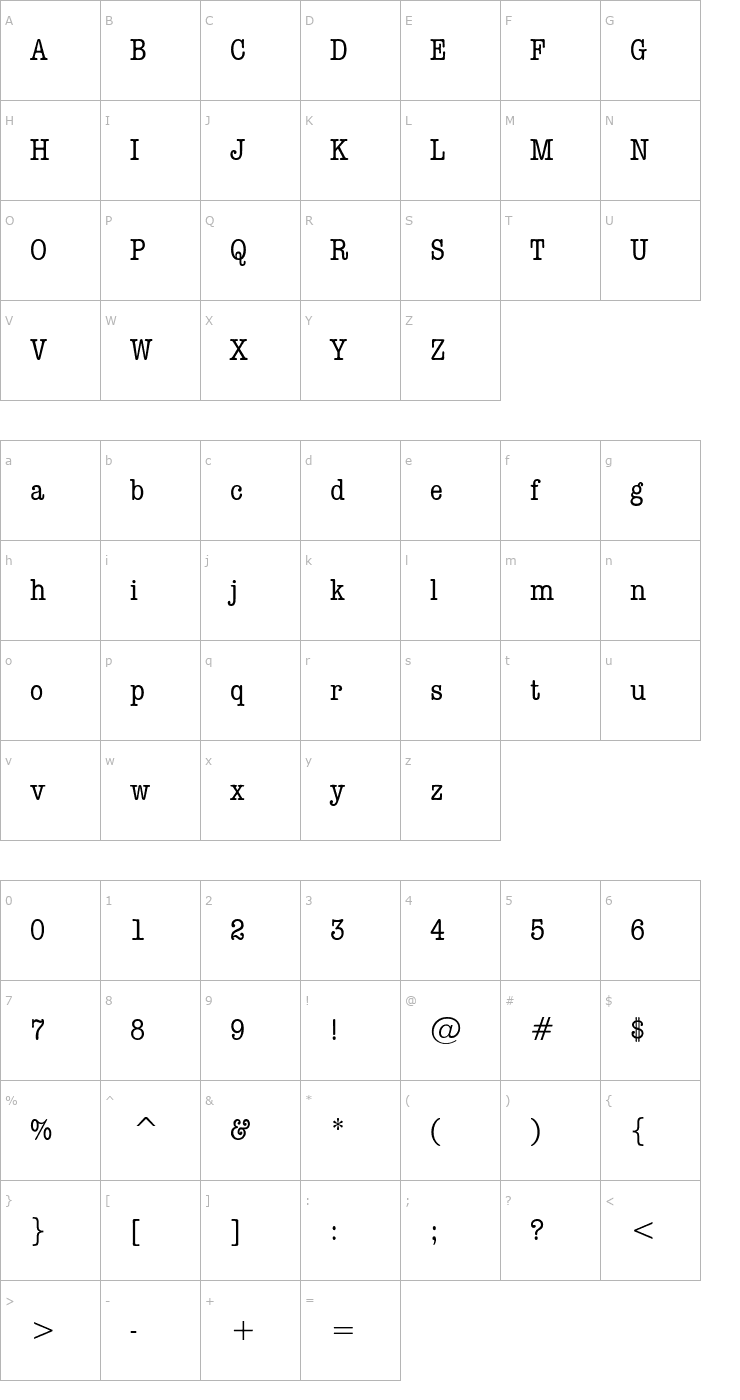 Character Map DatelineCondensedPlain Font