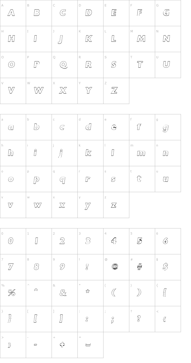 Character Map DavidBeckerOutline-ExtraBold Italic Font