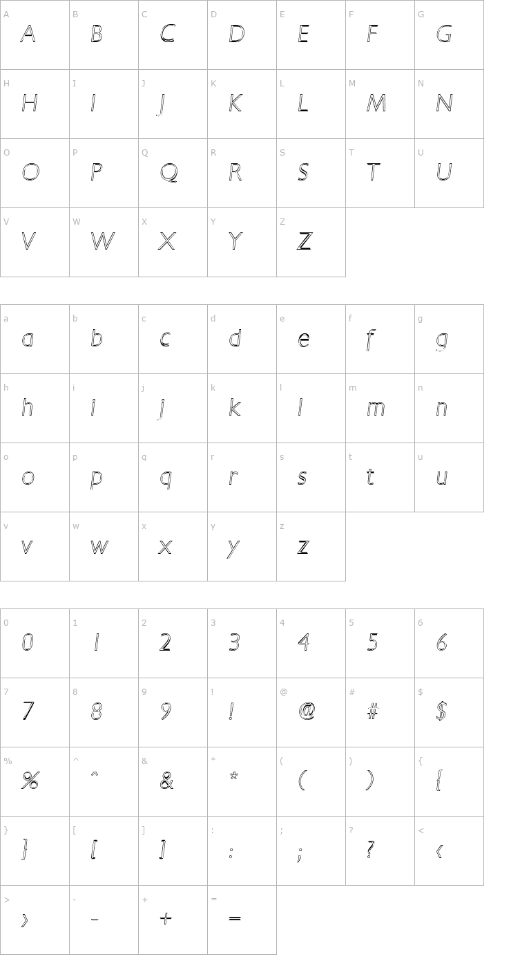 Character Map DavidBeckerOutline-ExtraLight Italic Font