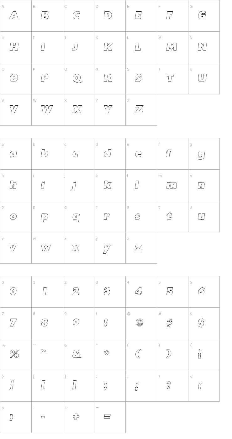 Character Map DavidBeckerOutline-Heavy Italic Font