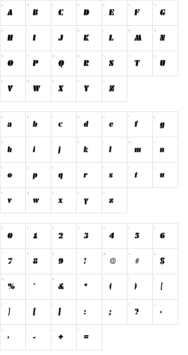 Character Map DekoBlack-Serial-RegularItalic Font