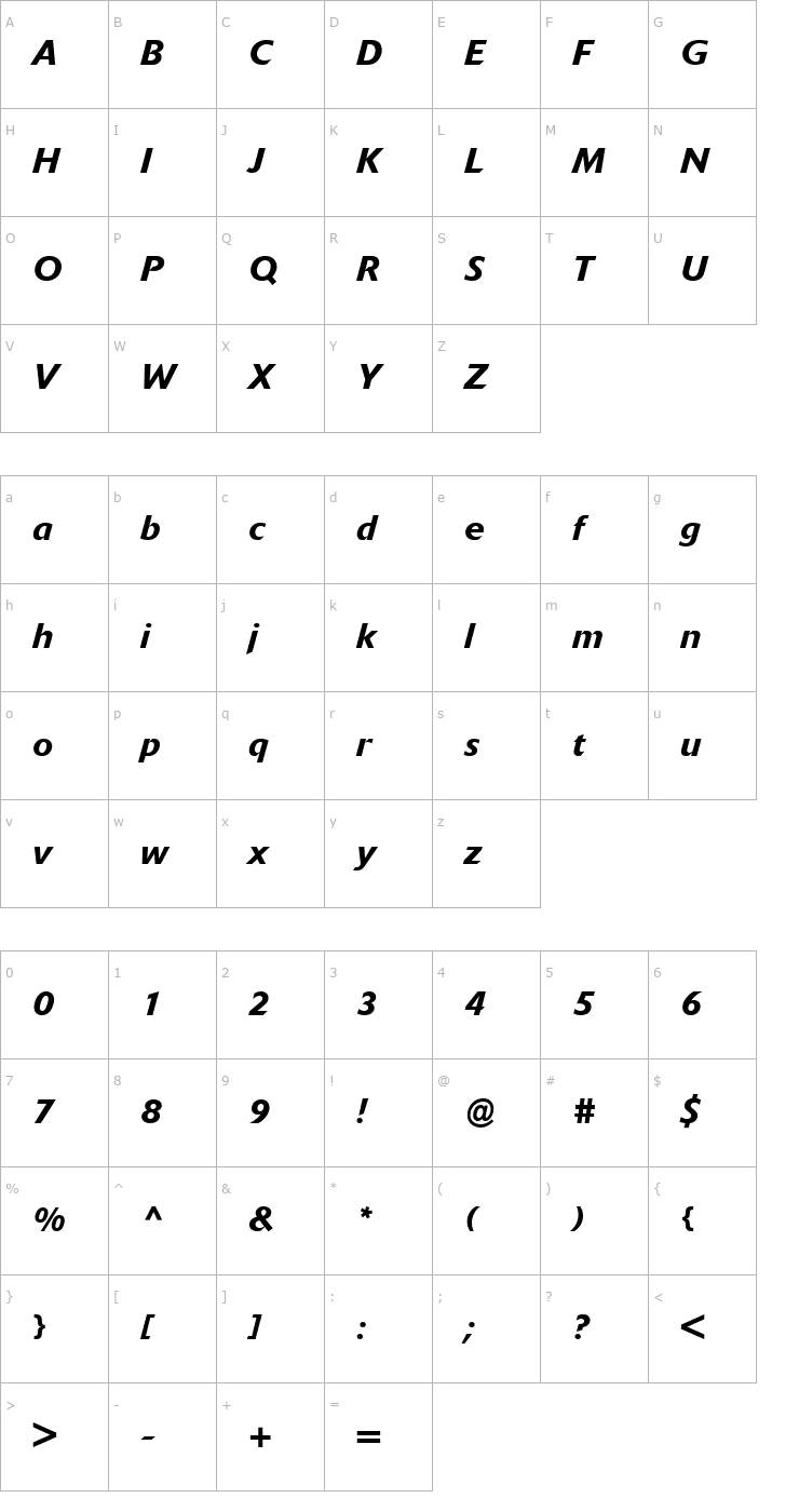 Character Map DeltaJaeger-Medium Italic Font