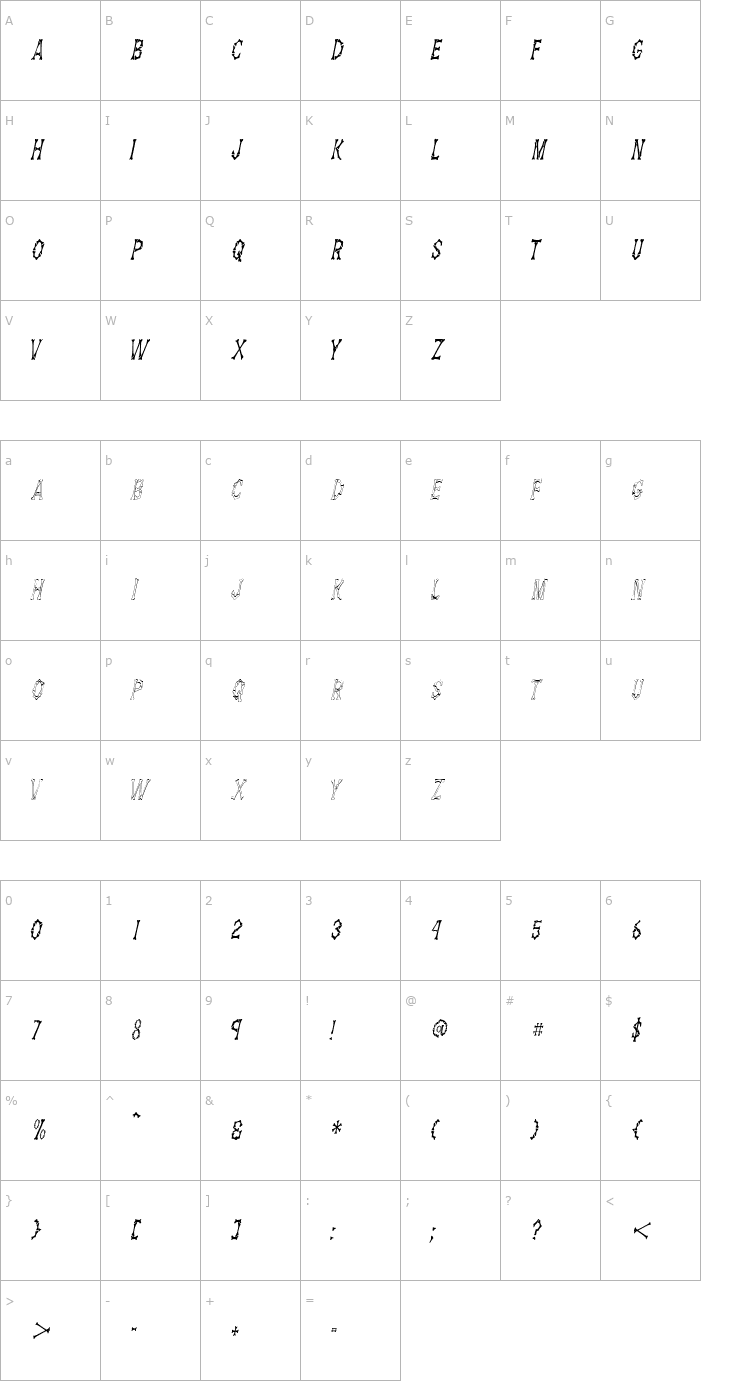 Character Map DemBonesCondensed Italic Font