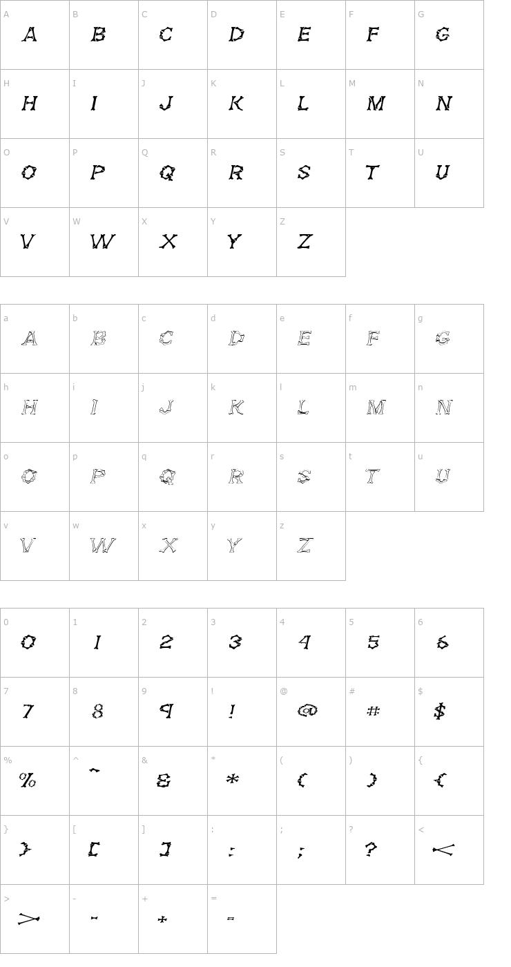 Character Map DemBonesExtended Italic Font