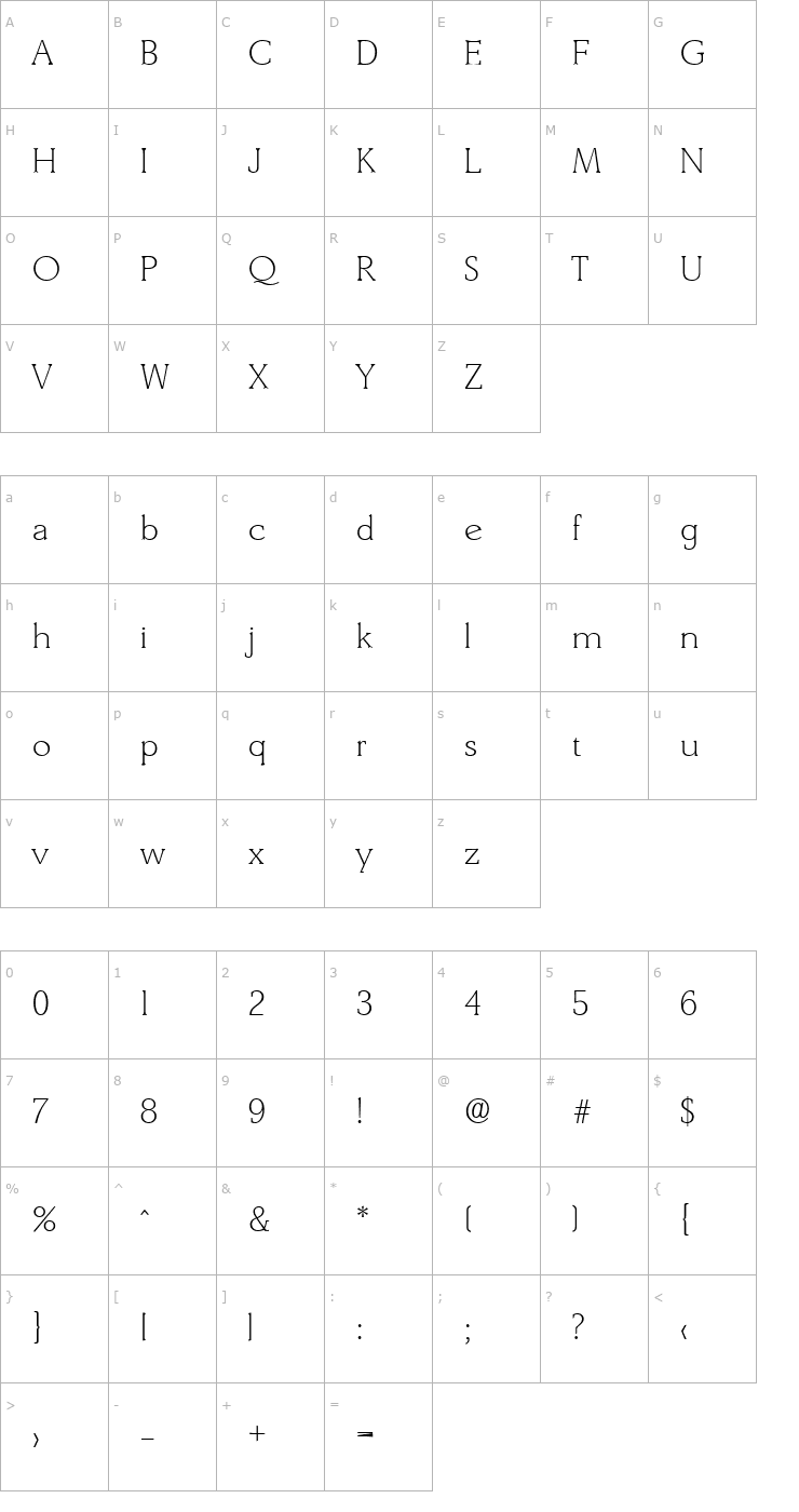 Character Map Derringer-Xlight Font