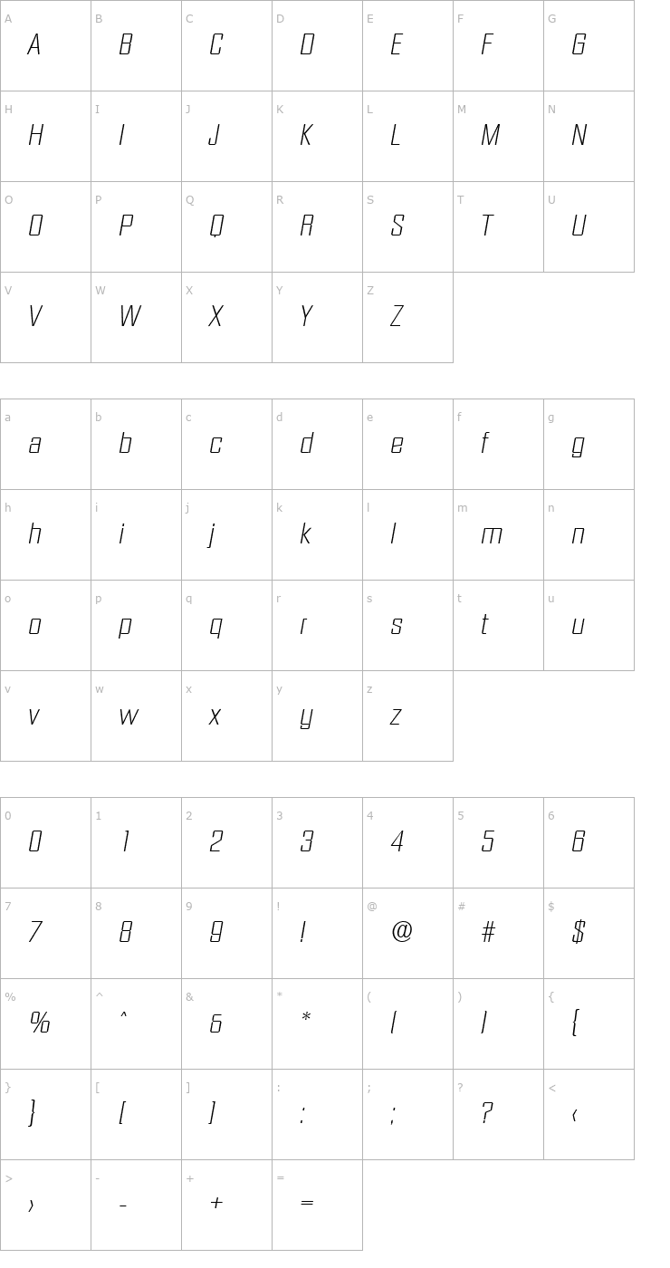 Character Map Diamante-Serial-ExtraLight-RegularItalic Font