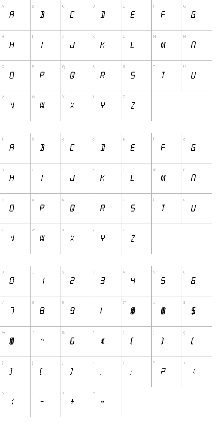 Character Map Digital Readout Thick Font