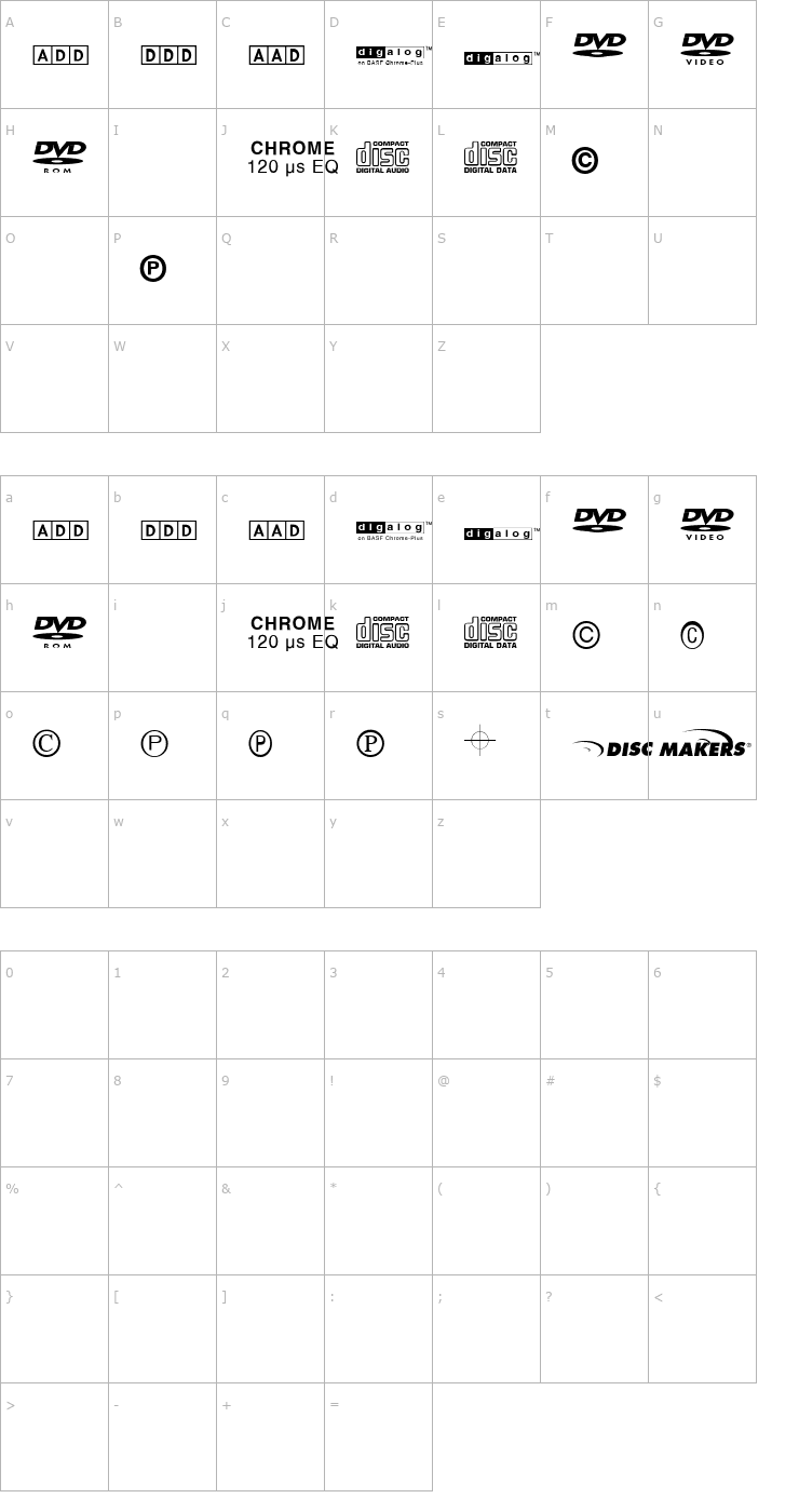 Character Map DiscMakersFont0304 Font