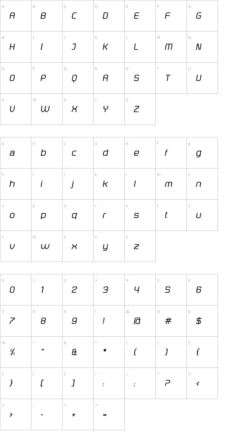 Character Map DistillaRegular Italic Font