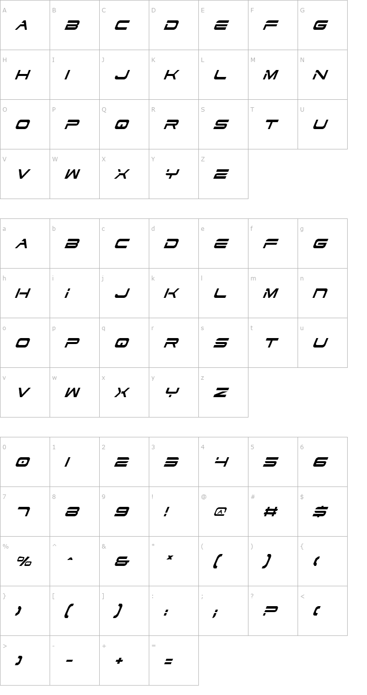 Character Map Dodger Condensed Italic Font