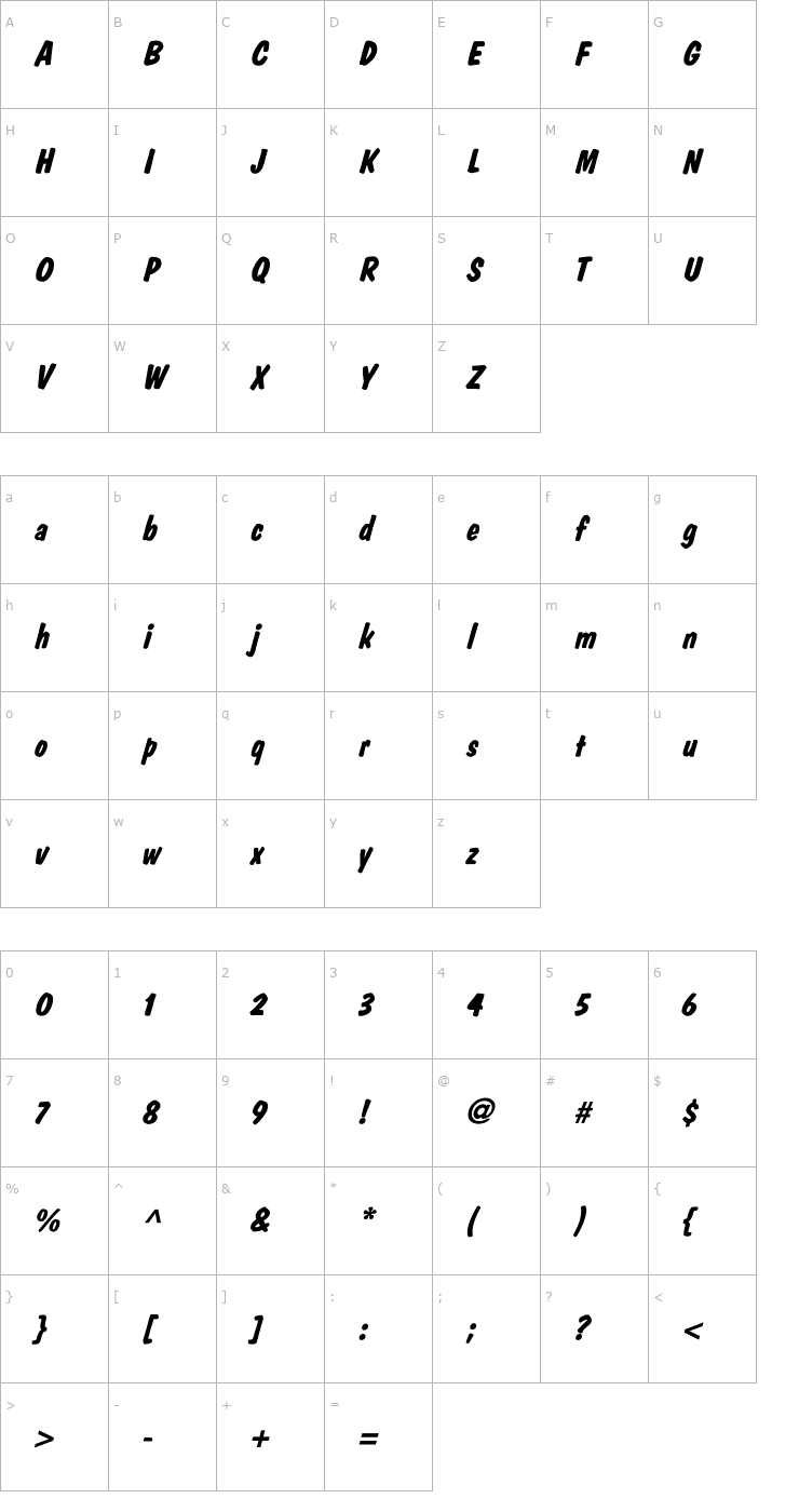 Character Map DomCasual-Bold Italic Font