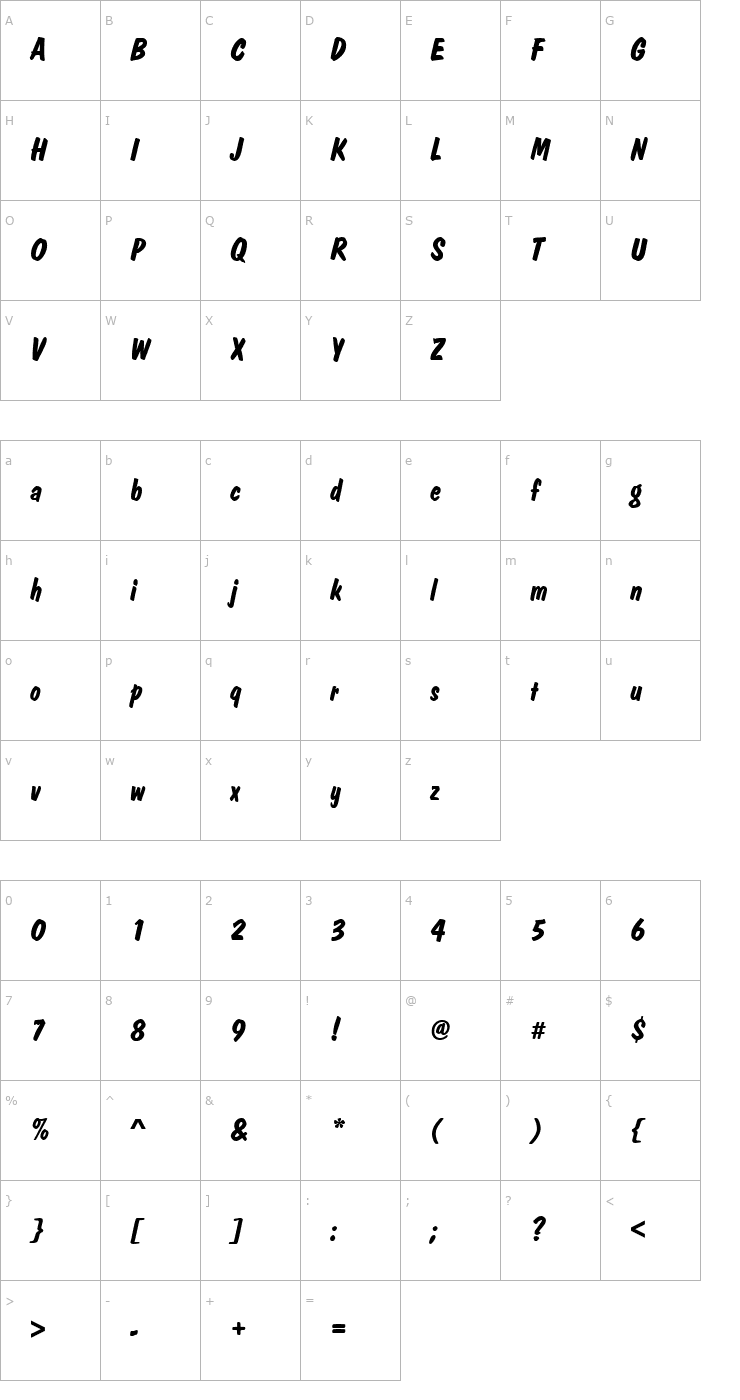 Character Map DomCasual_Becker_Bold_Italic Font