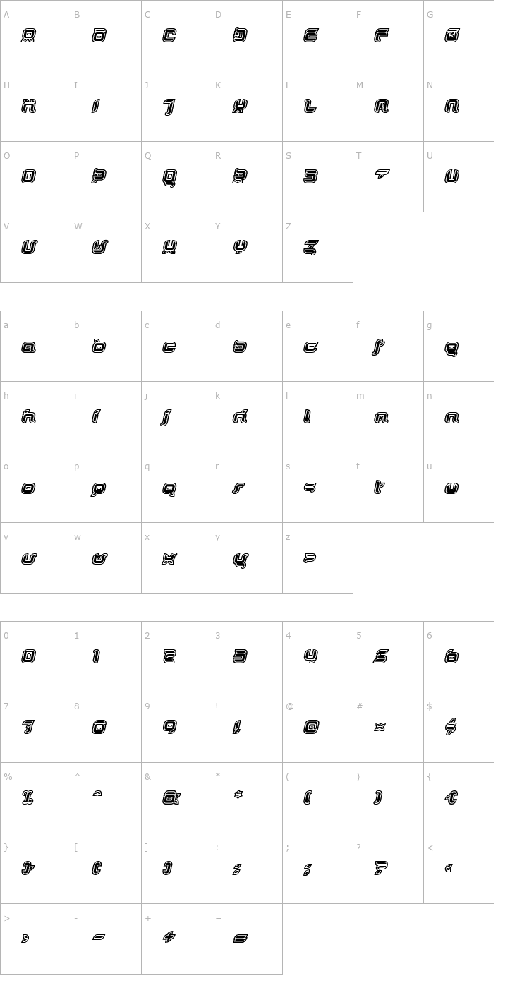 Character Map Doris OrangeOutlineItalic Font