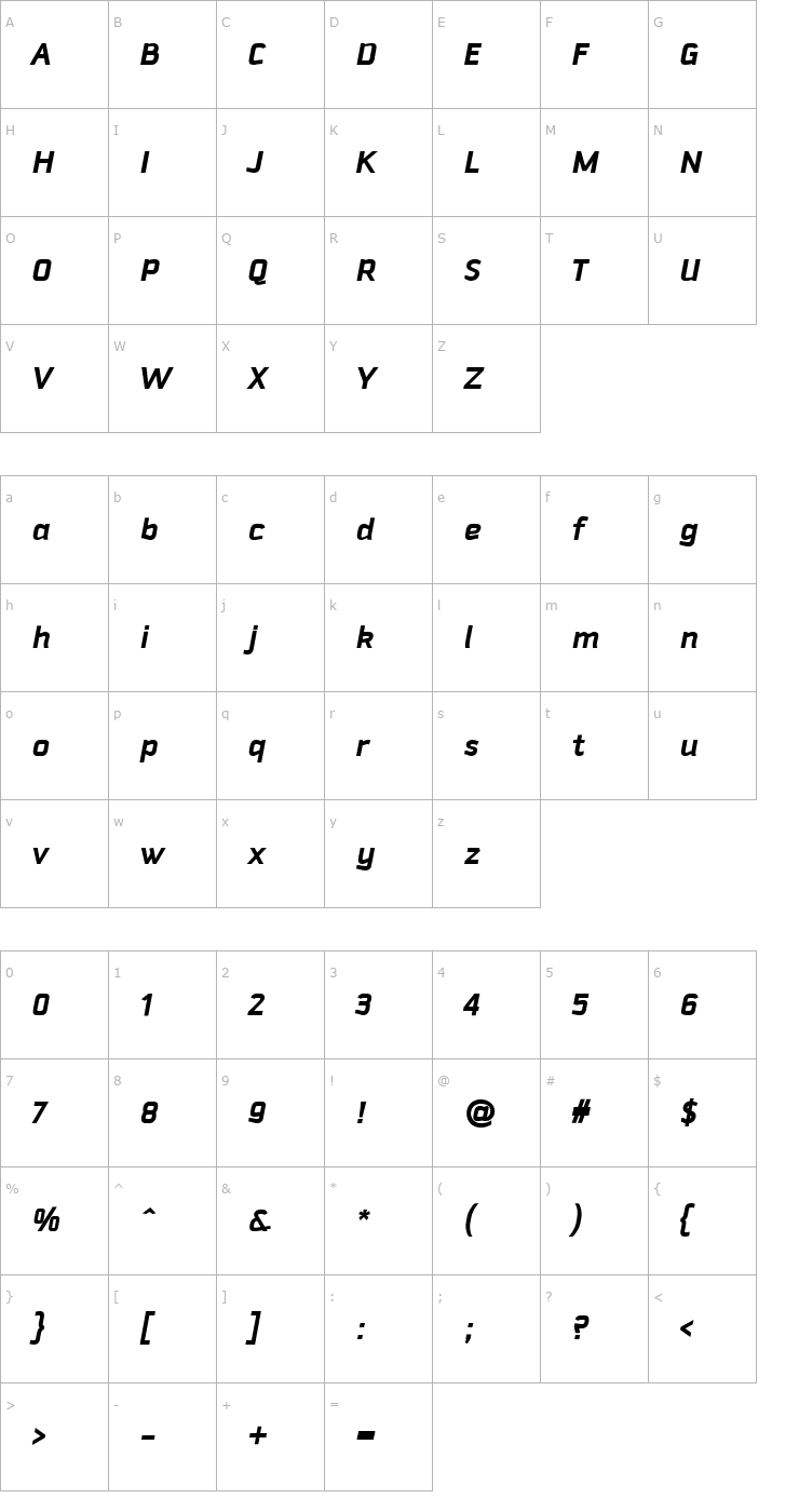 Character Map Downtempo-BoldItalic Font