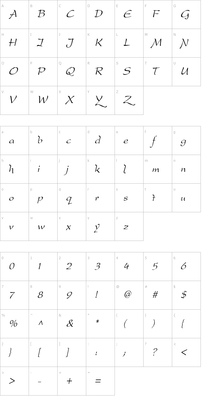 Character Map DreamerOne Italic Font