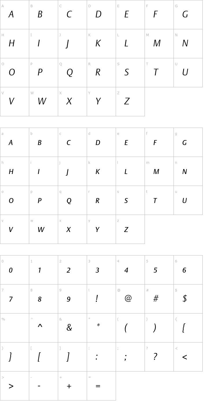 Character Map DTLArgoT-CapsLightItalic Font