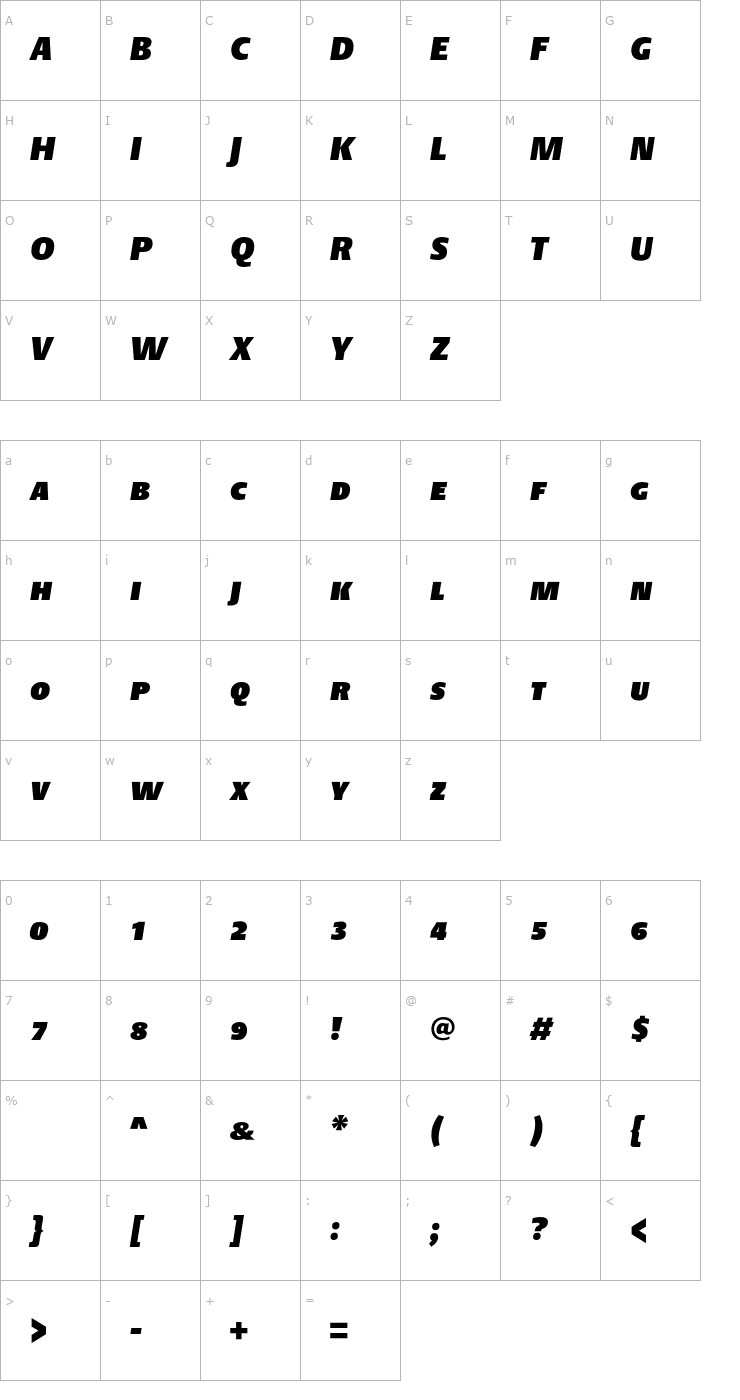 Character Map DTLArgoT-CapsUltraHeavyItalic Font