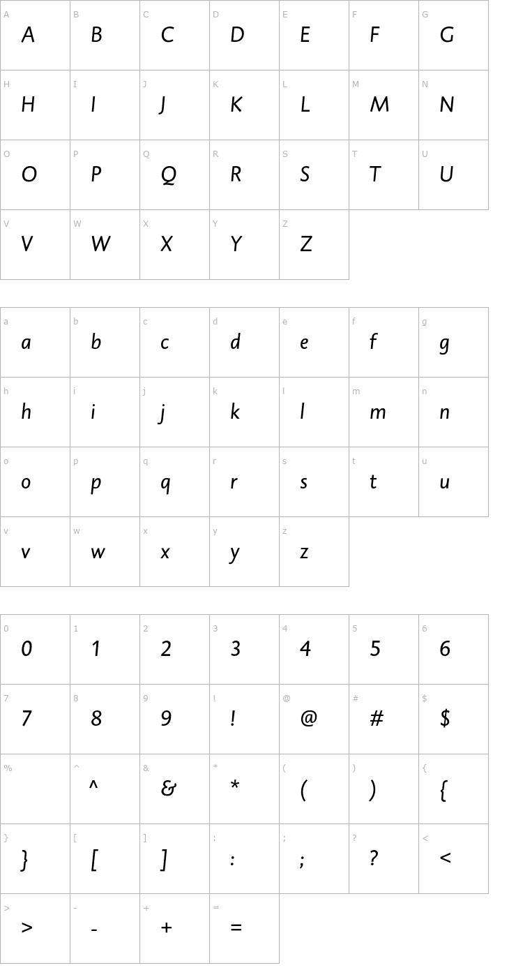 Character Map DTLCaspariT-Italic OTF Font