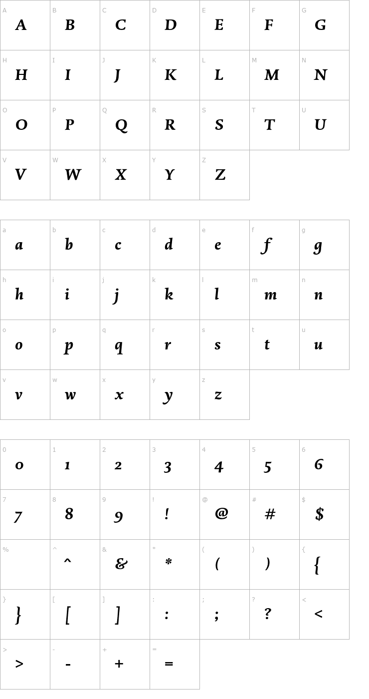 Character Map DTLDorianST-BoldItalic Font