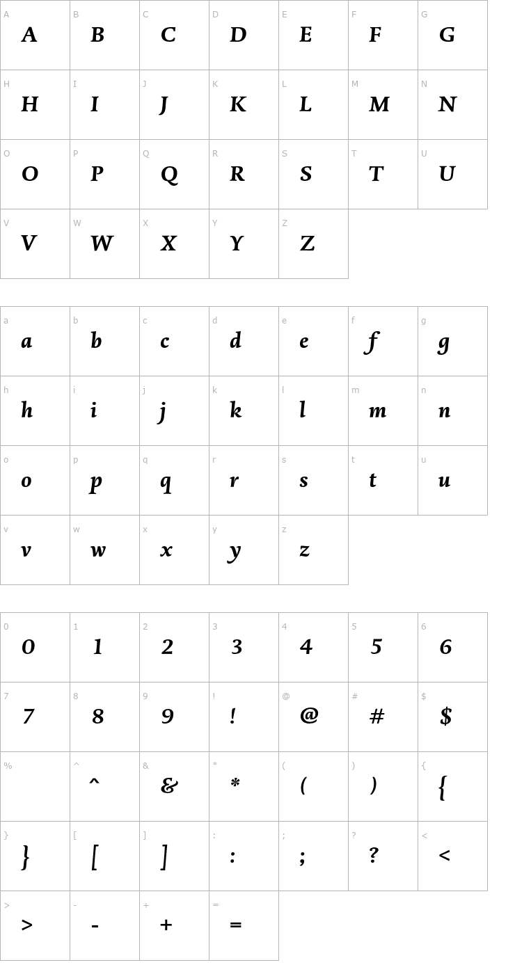 Character Map DTLDorianT-BoldItalic Font