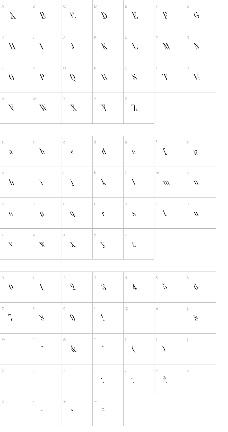 Character Map Dubiel ( Plain) Thin Lefty Font