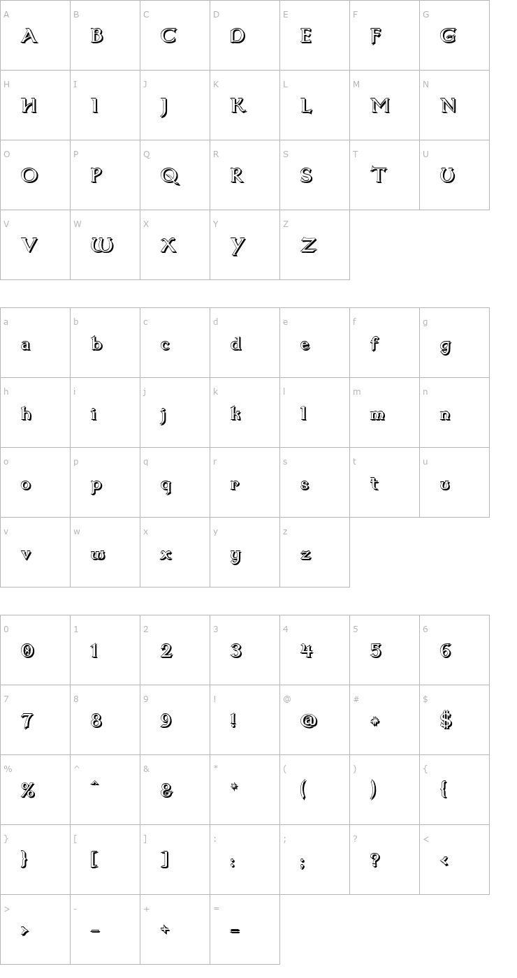 Character Map Dumbledor 1 Shadow Font