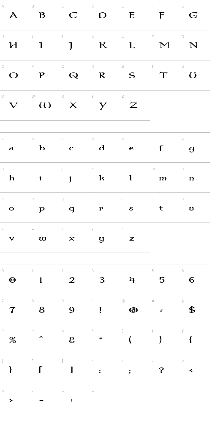 Character Map Dumbledor 1 Wide Font