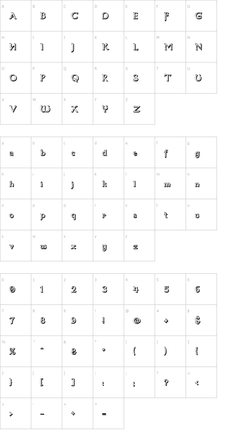 Character Map Dumbledor 3 Shadow Font