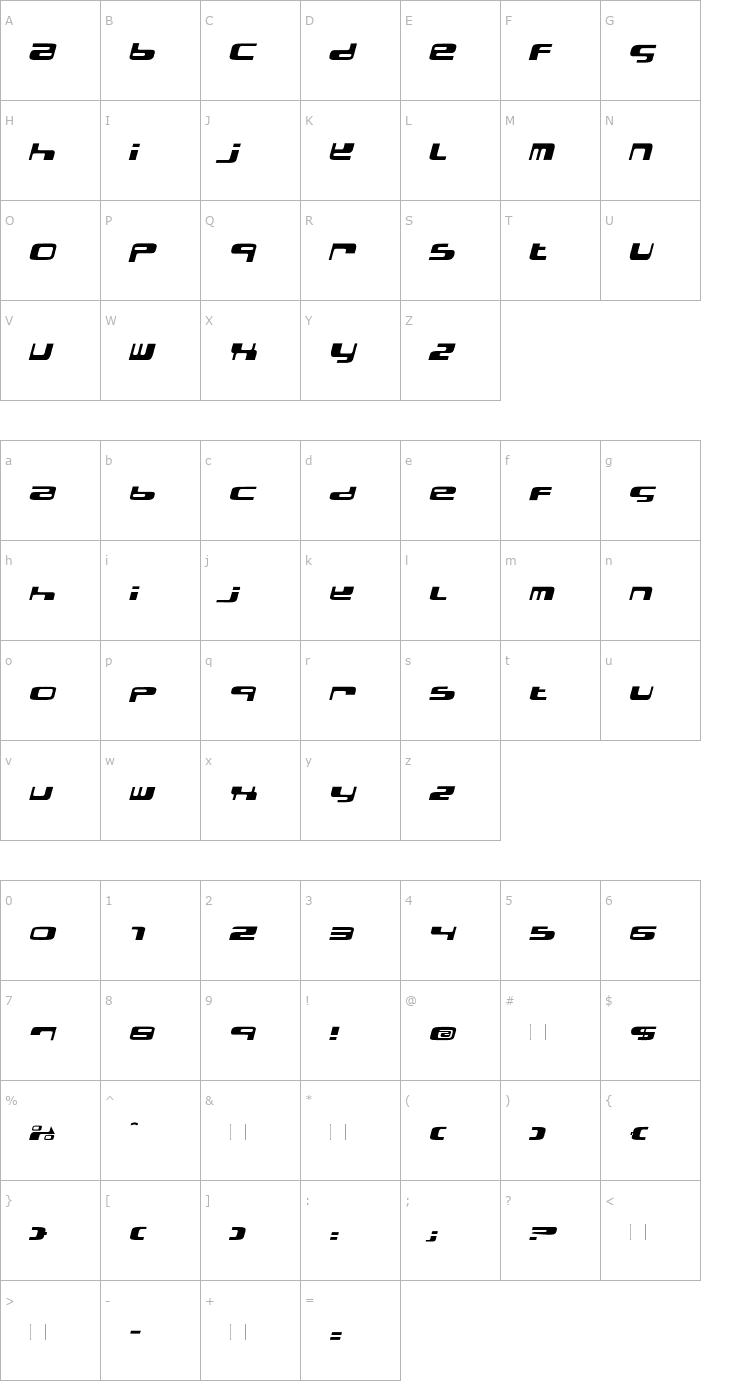 Character Map ElectroBazar-Italic Font