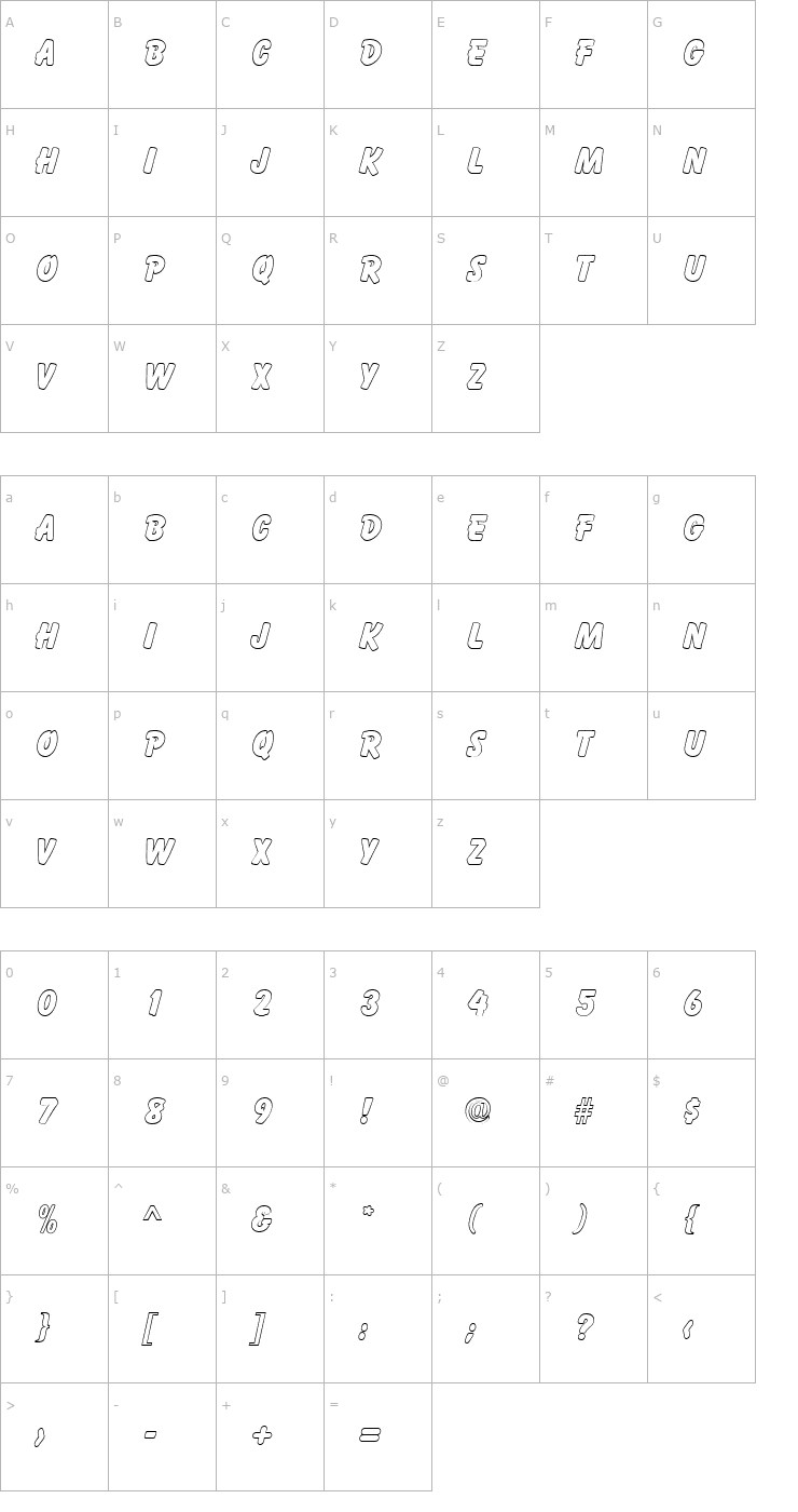 Character Map ElizabethBeckerOutline-ExtraBold Font