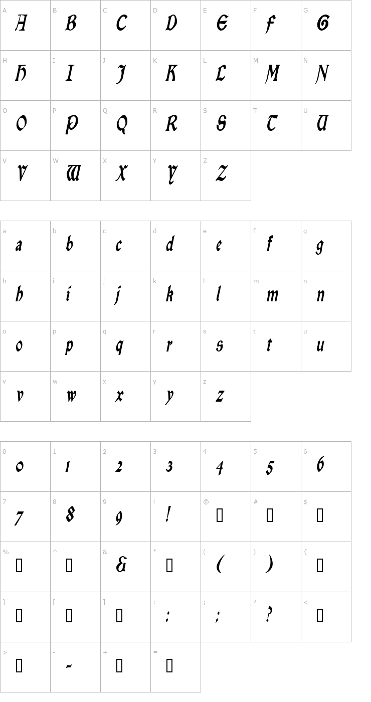 Character Map EnchantmentCondensed Italic Font