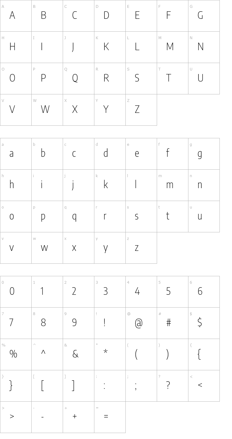 Character Map Encode Sans Condensed ExtraLight Font