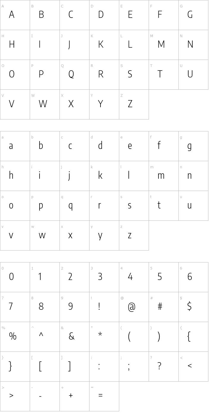 Character Map Encode Sans Condensed Light Font