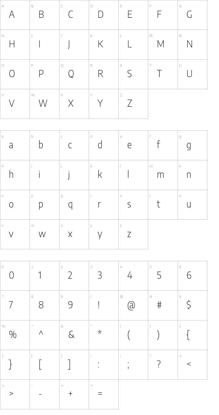 Character Map Encode Sans Semi Condensed ExtraLight Font