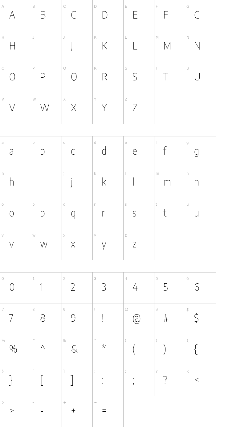 Character Map Encode Sans Semi Condensed Thin Font