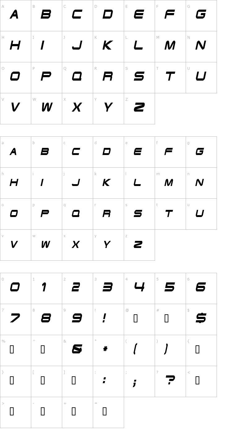 Character Map EndzoneCondensed Oblique Font