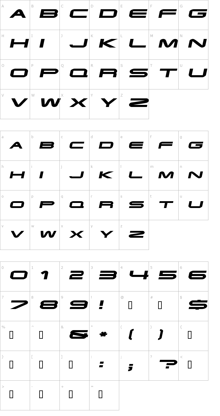 Character Map EndzoneExtended Oblique Font