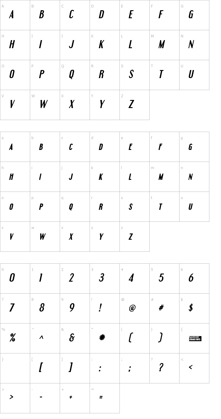 Character Map Engebrechtre Bold Italic Font