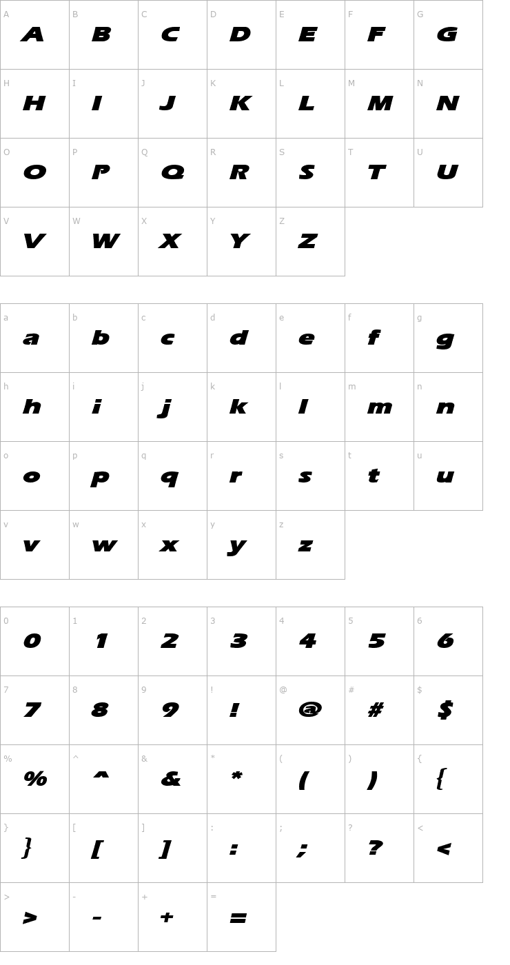 Character Map ErgoeMildBlackExpanded Italic Font