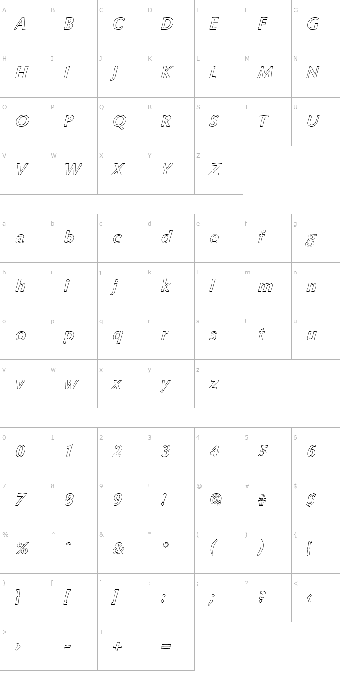 Character Map EricBeckerOutline-BoldItalic Font