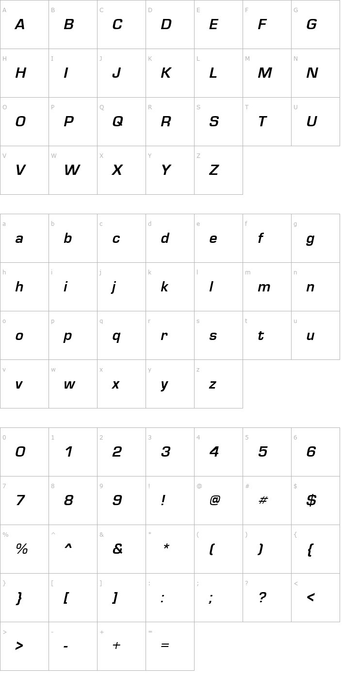 Character Map Eurose Italic Font