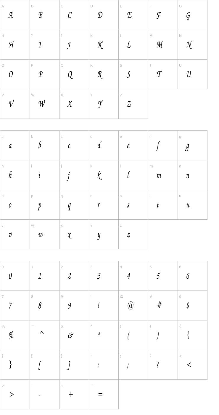 Character Map ExchequerScriptCondensed Font