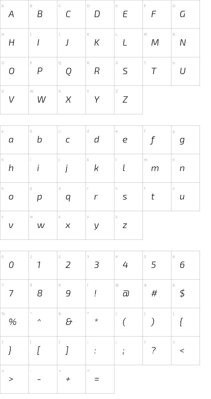 Character Map Exo 2 Light Italic Font