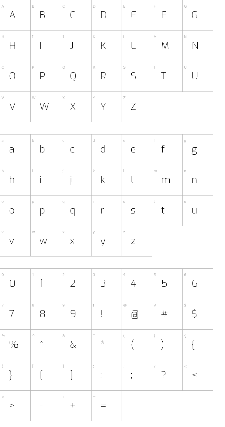 Character Map Exo ExtraLight Font